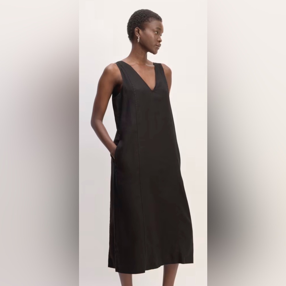 NWT Everlane The Linen V-Neck Midi Black Dress, Size 14 - Picture 3 of 16